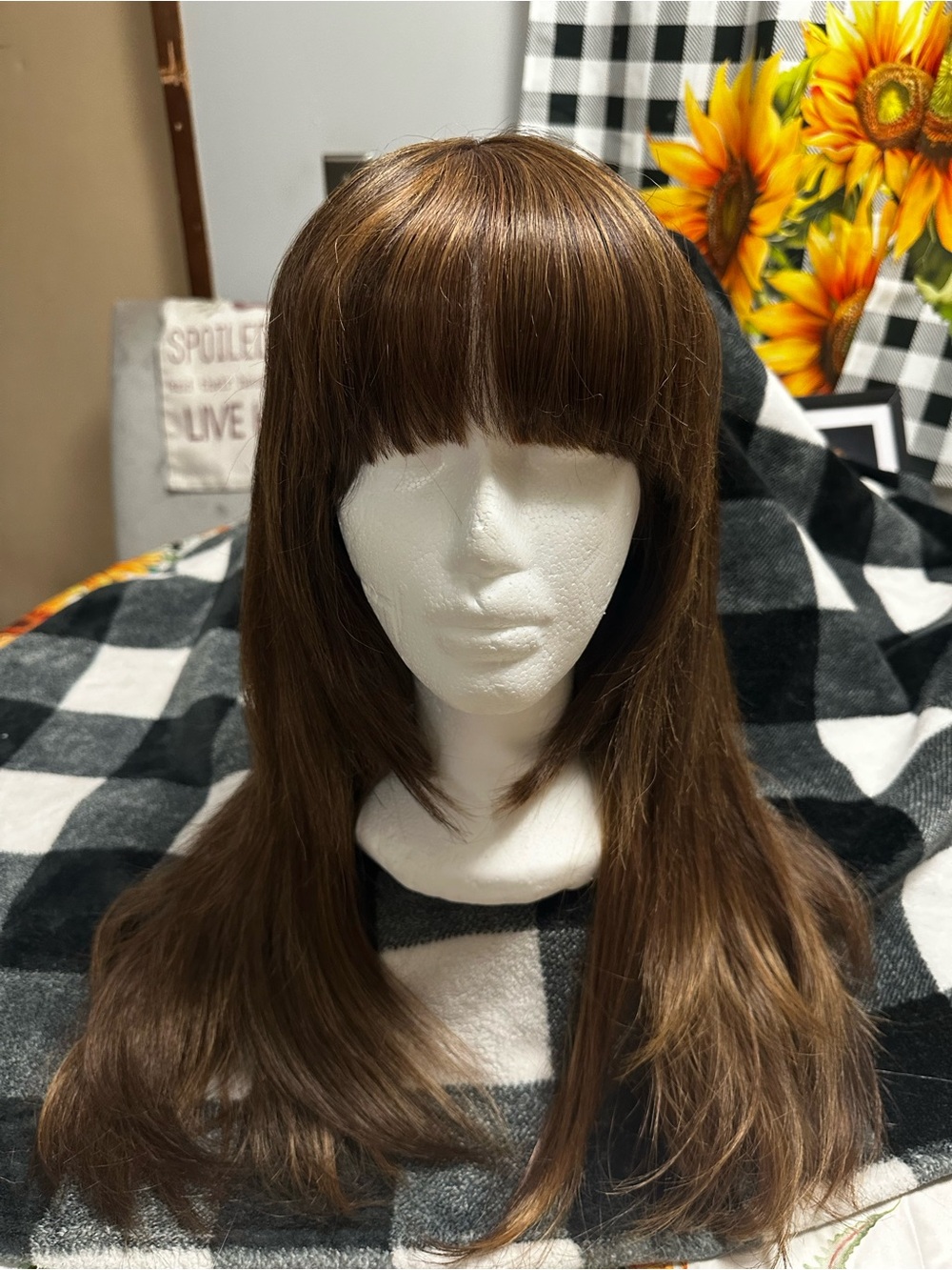 Women's Long Synthetic Wig with Bangs - Brown